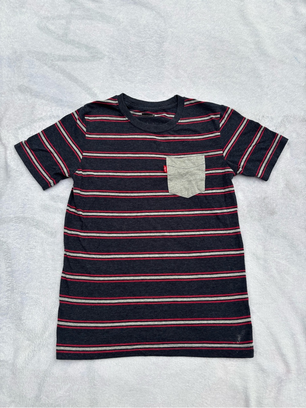 Levi's Boys Navy Tee with Red and Gray Stripes and Light Gray Pocket